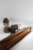 20th Century brass telescope with hardwood and brass tripod, 96.5cm wide, together with a Coronet