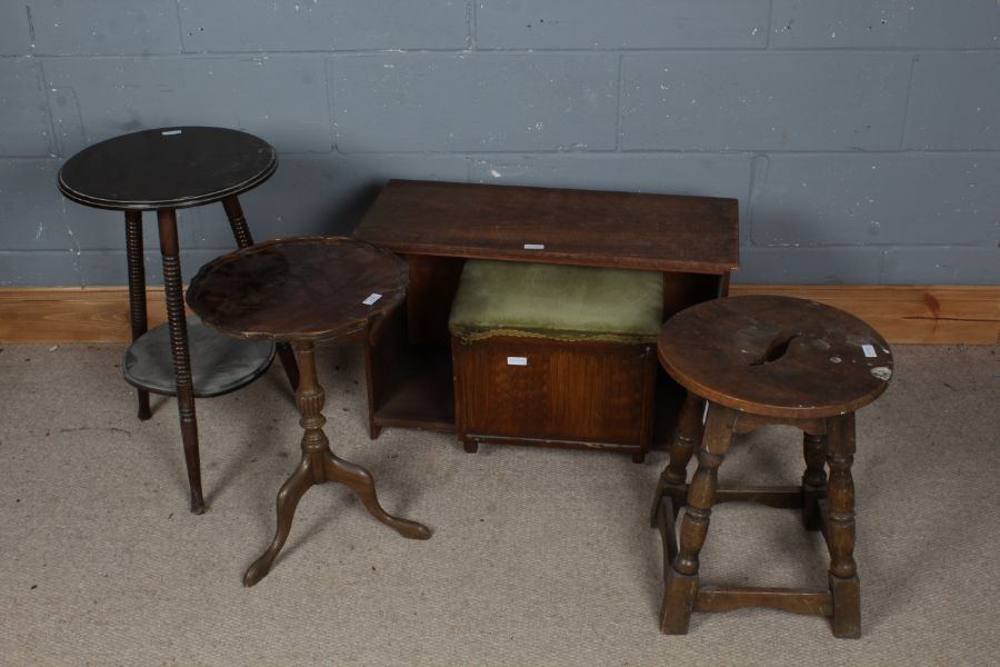 Mahogany circular two tier table, together with a wine table, small oak stool, a green upholstered - Image 2 of 2