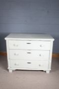 George III white painted pine chest, fitted three long drawers, 113cm wide, 92cm high, 57.5cm deep