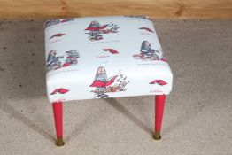 1960's reupholstered stool with Roald Dahl 'Matilda' fabric, 43cm square