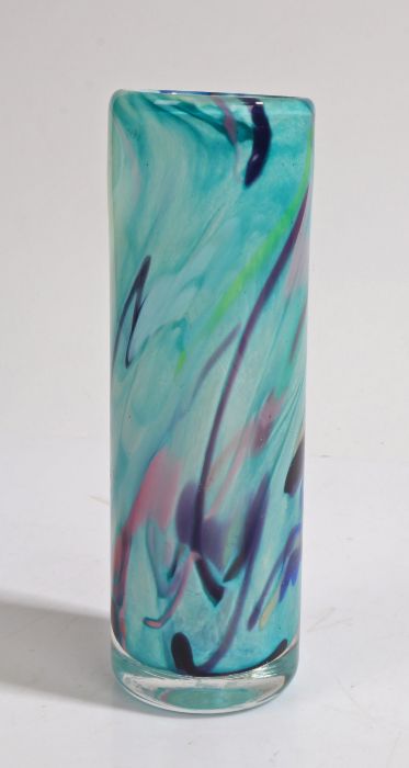 Mike Hunter art glass vase, of cylindrical form with polychrome marble effect decoration, signed