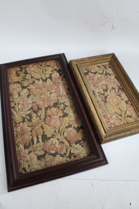 Two framed sections of 20th century machine tapestry both depicting floral scenes with figures,