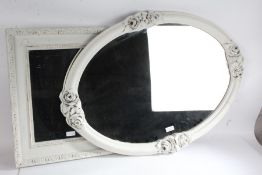Oval wall mirror housed in a white floral decorated frame, 80cm x 60cm, rectangular wall mirror