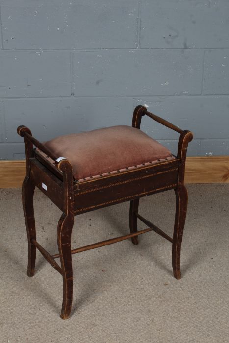 Edwardian inlaid piano stool, with a pair of turned carrying handles above a pink upholstered seat - Image 2 of 2