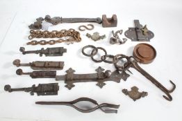 Collection of metalware to include door bolts, locks and hinges, fireside hooks etc. (qty)