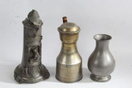 19th century pewter flagon, with hinged lid, of typical form, 25cm tall, together with a Swiss