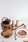 Collection of copper ware to include a pair if Peerage jugs, warming pan, horn, coal scuttle etc (