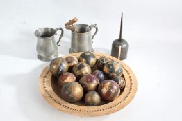 Shallow wooden bowl, together with a collection Indian wooden and brass balls, two pewter