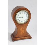 Edwardian oak and fan marquetry inlaid mantel clock, the white enamel dial with  Arabic numerals,