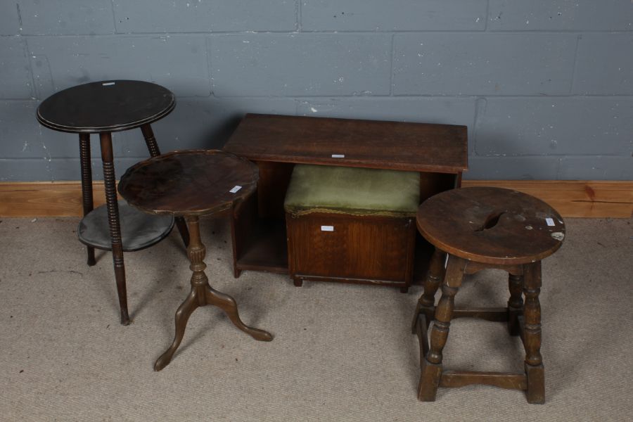 Mahogany circular two tier table, together with a wine table, small oak stool, a green upholstered