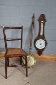 20th century oak cased wheel barometer together with a brass bed pan and a chair (3)