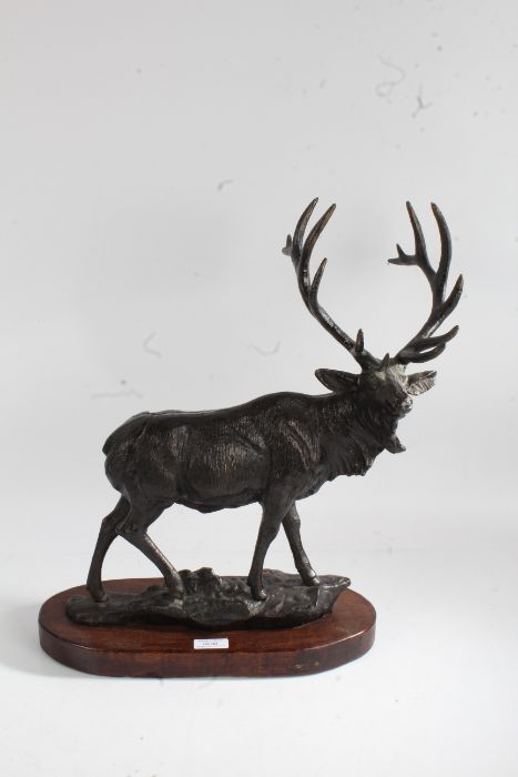 Large bronzed stag, 20th century, on wooden base, 48cm high, 36cm wide