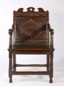 Museum deaccessioned: A Charles II oak panel-back open armchair, Lancashire, circa 1670 The back
