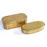 Two 18th century brass tobacco boxes, Dutch The larger of canted rectangular form, engraved to all