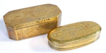 Two 18th century brass tobacco boxes, Dutch The larger of canted rectangular form, engraved to all