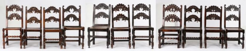 A harlequin set of eleven Charles II oak backstools, Yorkshire, circa 1670 Each with a pair of