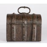 A small 16th century iron casket, French The domed and hinged lid banded in iron, and with an oval