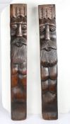 An unusual pair of late 15th/early 16th century oak naive carved 'pilasters', English, Circa 1500-50