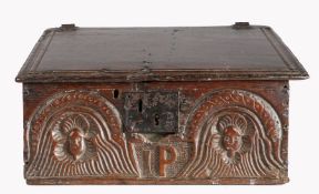 An Elizabeth I oak desk box, possibly Welsh, circa 1580 The sloping fall and top with multi-reeded