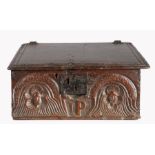 An Elizabeth I oak desk box, possibly Welsh, circa 1580 The sloping fall and top with multi-reeded