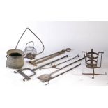 A collection of 18th century and later domestic metalware To include a chimney crane,  cauldron,