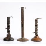 Two late 18th century steel/iron spiral and fruitwood base candlesticks, French Each with a stem