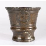 A 16th century bronze mortar, French The body with four medallions, each designed with a Classical