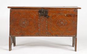 A Charles I oak boarded chest, West Country, circa 1630 The front board designed with two