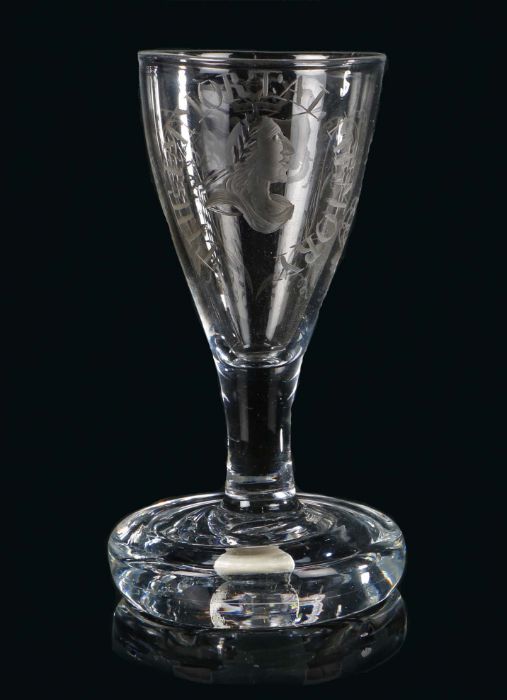 A Rare William III portrait firing glass, circa 1785-1805 The ovoid bowl on a short plain stem and