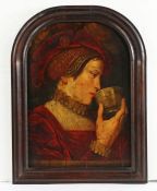 An early 17th century portrait of a lady with cup Oil on board, within an arched frame, 53cm wide,