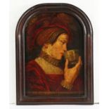 An early 17th century portrait of a lady with cup Oil on board, within an arched frame, 53cm wide,