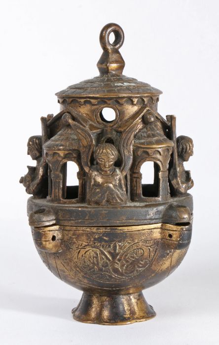 A late 19th century gilt bronze incense burner and cover Of archaic form, the spherical cup and