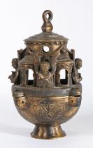 A late 19th century gilt bronze incense burner and cover Of archaic form, the spherical cup and