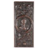 A 16th century oak Romayne-type panel, circa 1540 Designed with a female bust, with long flowing