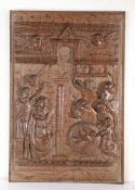 An interesting early 17th century carved oak panel, circa 1600-20 Designed as The Nativity, the