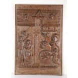An interesting early 17th century carved oak panel, circa 1600-20 Designed as The Nativity, the