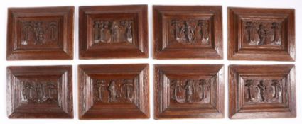 A group of eight carved oak panels, Flemish, circa 1600 Carved with female saints, including St.