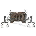 An iron fire basket Having a bowed front of upright bars, on scrolling andiron-style supports with