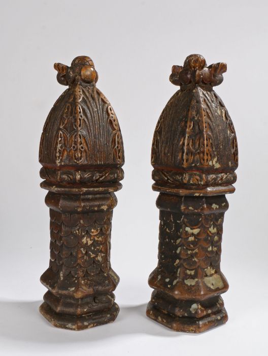 A pair of early 16th century oak and polychrome-decorated newel-post finials, English, circa 1530 - Image 2 of 2
