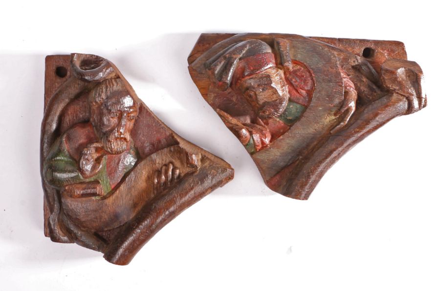 An interesting pair of early 15th century carved oak and polychrome-decorated figural architectural - Image 2 of 2