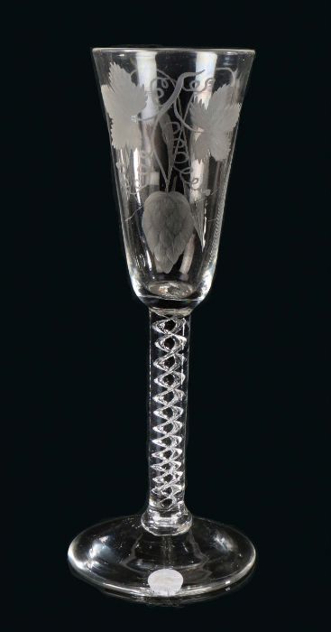 An 18th Century ale glass, circa 1750 The tapering bowl engraved with hob and barley,  on a twist