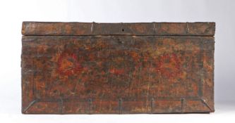 An 18th century Tibetan monastery chest Of boarded deal construction, with iron angle-straps,