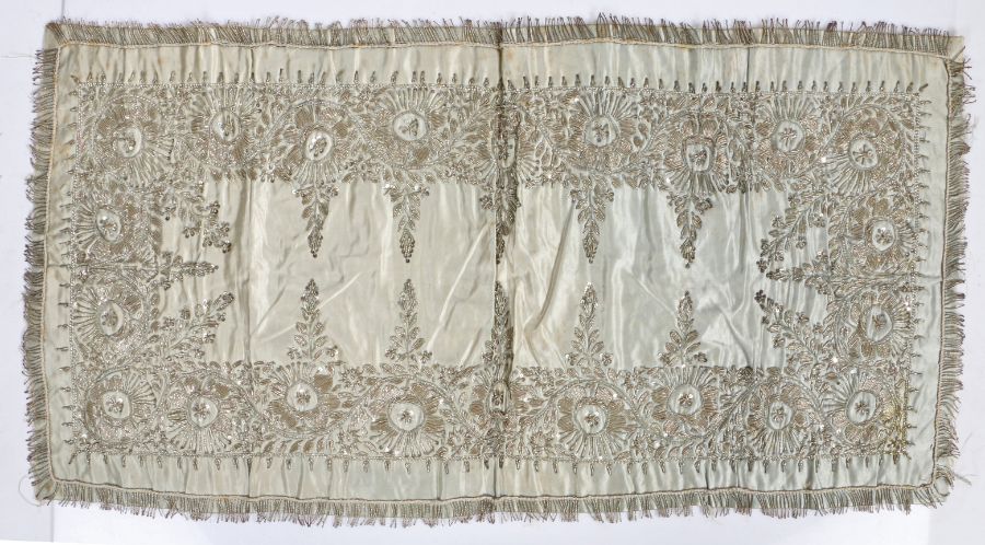 A 19th century Zardozi embroidery panel Worked in white metal bullion, plate metallic threads and