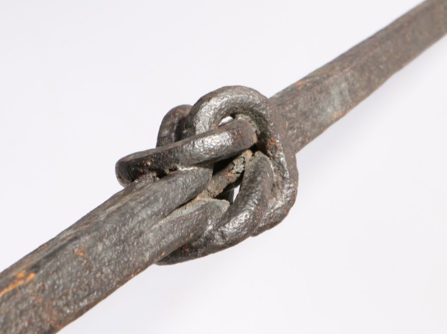 A rare 17th/18th century wrought iron chandelier suspension rod, English, circa 1650-1750 Formed - Image 2 of 2
