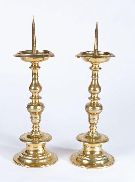 A pair of mid-17th century brass pricket candlesticks, German or Flemish, circa 1650 Each having a - Image 2 of 2