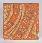 A 14th century floor tile, English Decorated in yellow slip with rosettes and dots within bands,