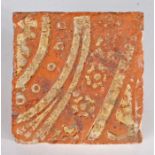 A 14th century floor tile, English Decorated in yellow slip with rosettes and dots within bands,