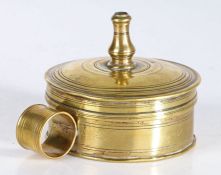 A small late 18th century brass taper or wax jack canister, circa 1800 Of cylindrical form, the