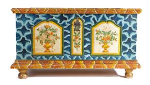 A late 18th century pine painted chest, Austrian, circa 1780, Having a blue and white 'lattice'