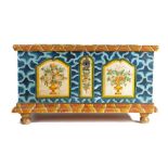 A late 18th century pine painted chest, Austrian, circa 1780, Having a blue and white 'lattice'